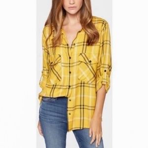 SANCTUARY Boyfriend Plaid Shirt Soft Oversized Roll-tab Sleeves Yellow Size S